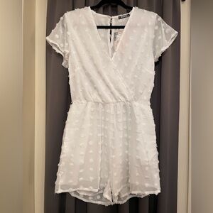 Short Sleeve Romper Swiss Dot Pattern White Size M